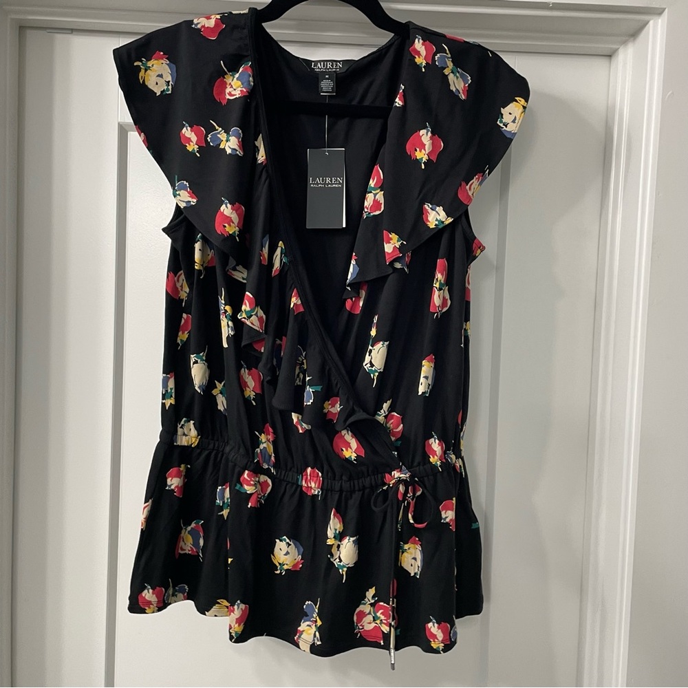 Lauren Ralph Lauren NWT top blouse shirt tunic black floral flowers boho ruffles - Picture 6 of 6